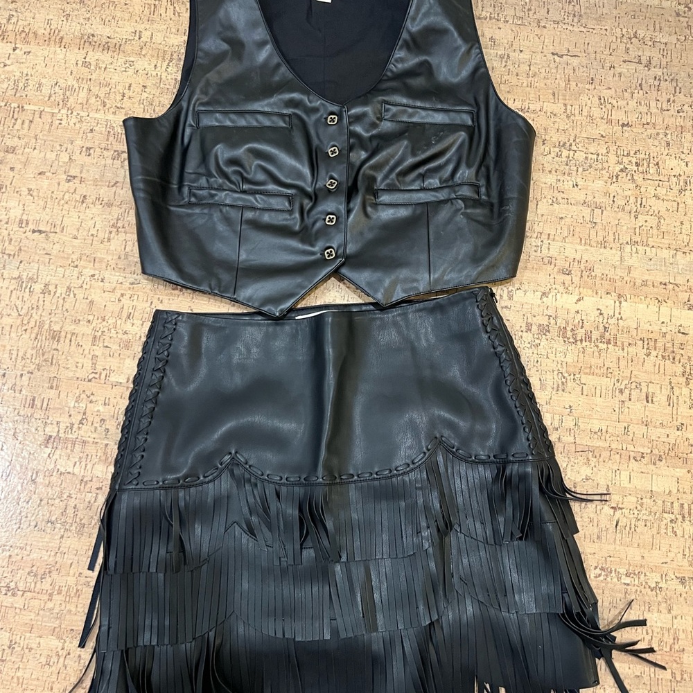 Western Black Leather Vest and Fringe Skirt Set